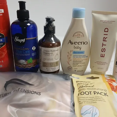 APPROX 12 ASSORTED BEAUTY PRODUCTS TO INCLUDE SLEEPT LIQUID SOAP, ONION HYDROSOL SHAMPOO, AVEENO BABY WASH, ETC