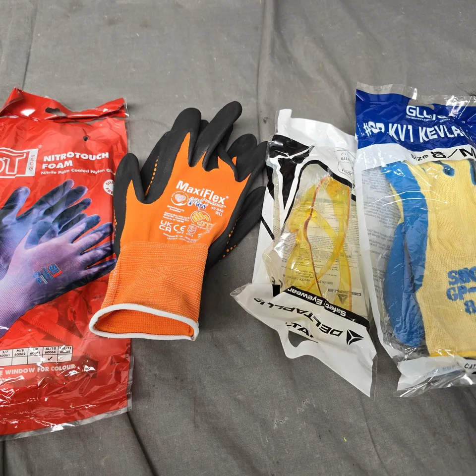 APPROXIMATELY 20 ASSORTED SAFETY CLOTHING PRODUCTS TO INCLUDE GLOVES & GLASSES 