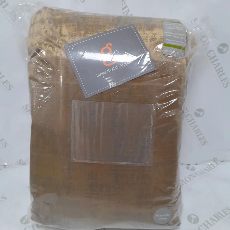 STUDIO G NAPLES VELVET LINED EYELET CURTAINS IN GOLD 228CM X 228CM  RRP £229.99