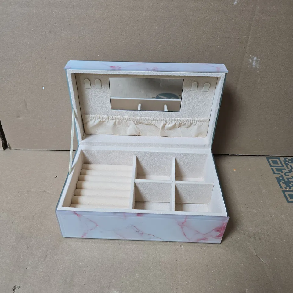 WHITE & PINK GLASS MARBLE-EFFECT JEWELLERY BOX WITH MIRROR AND COMPARTMENTS