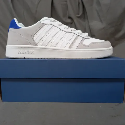 BOXED PAIR OF K.SWISS SHOES IN WHITE/GREY/BLUE UK SIZE 11