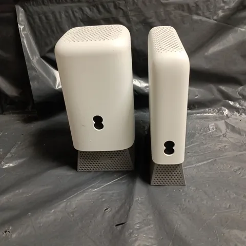 SET OF 2 WHITE NETWORK DEVICES WITH PERFORATED TOPS AND METAL FEET 