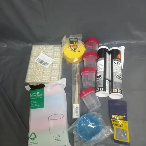 BOX OF APPROXIMATELY 8 ASSORTED ITEMS TO INCLUDE - 4 GALLON TRASH BAGS, SIKAFLEX 522, AND PROCOBALT 95MM ETC.