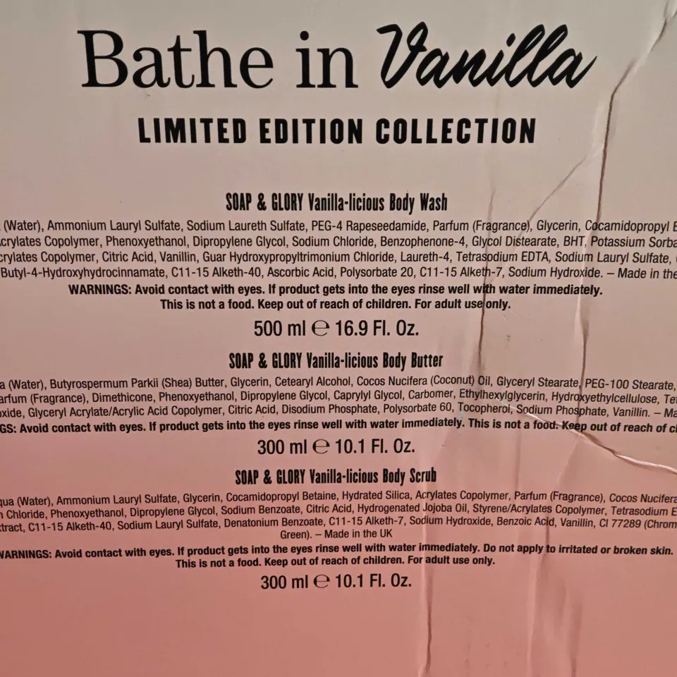 SOAP & GLORY BATHE IN VANILLA LIMITED EDITION COLLECTION – 3-PIECE BATH SET (BODY WASH, BODY BUTTER & BODY SCRUB)