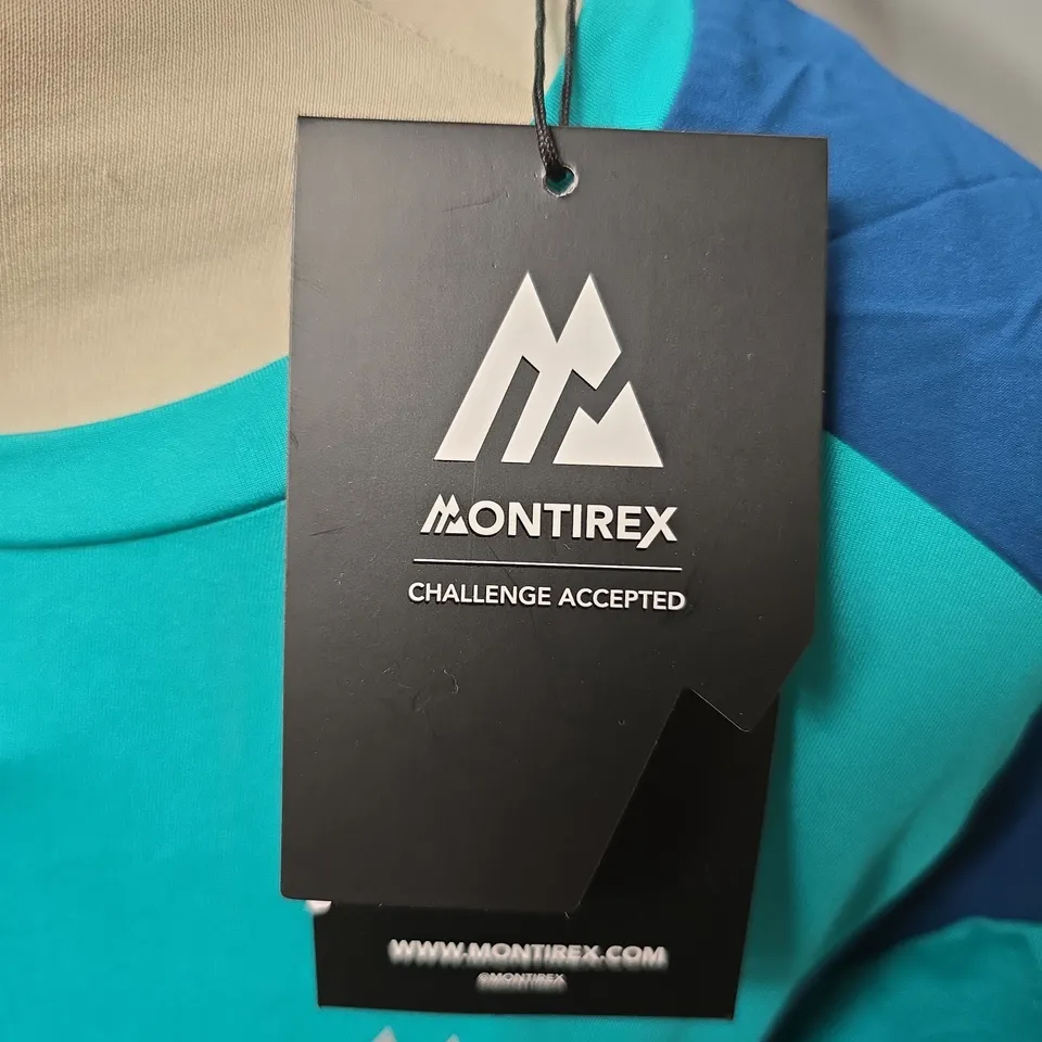 MONTIREX T-SHIRT – TEAL/BLUE COLOR-BLOCK WITH MOUNTAIN LOGO-SIZE L