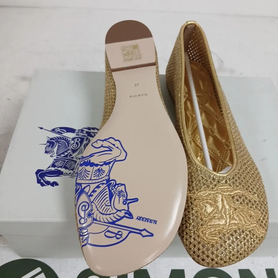 BURBERRY GOLD MESH BALLERINA FLATS – UK4 (EU37) – LEATHER SOLE, BOXED