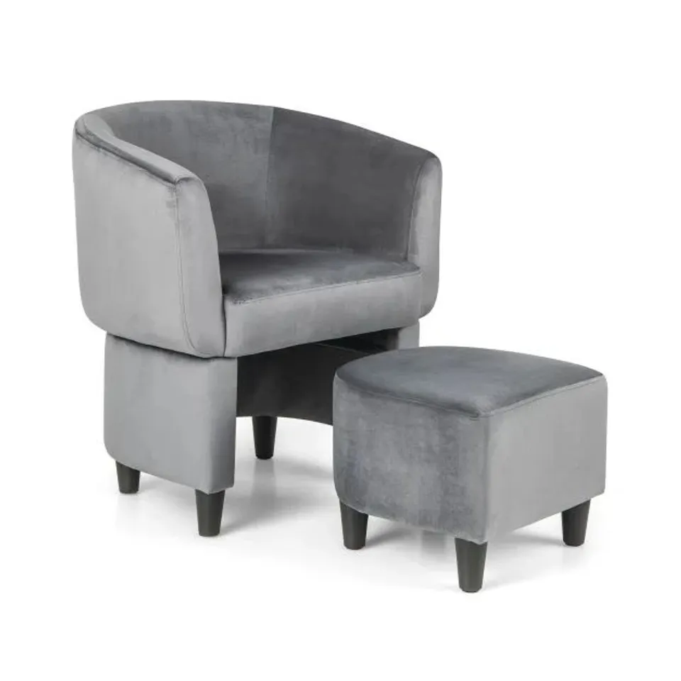 BOXED COSTWAY COMFY ACCENT ARMCHAIR UPHOLSTERED VELVET BARREL CHAIR & OTTOMAN SET - GREY