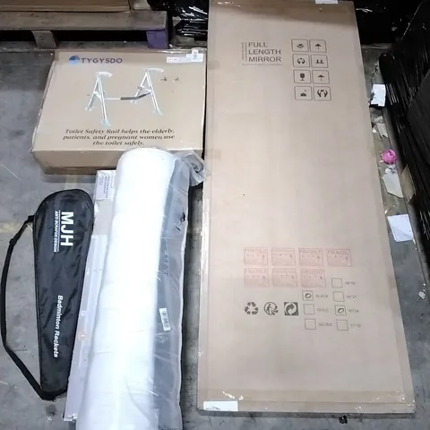 PALLET CONTAINING ASSORTED PRODUCTS INCLUDING FULL LENGTH MIRROR, TOILET SAFETY RAIL, BADMINTON RACKET, SLIMLINE HEATER & MATTRESS