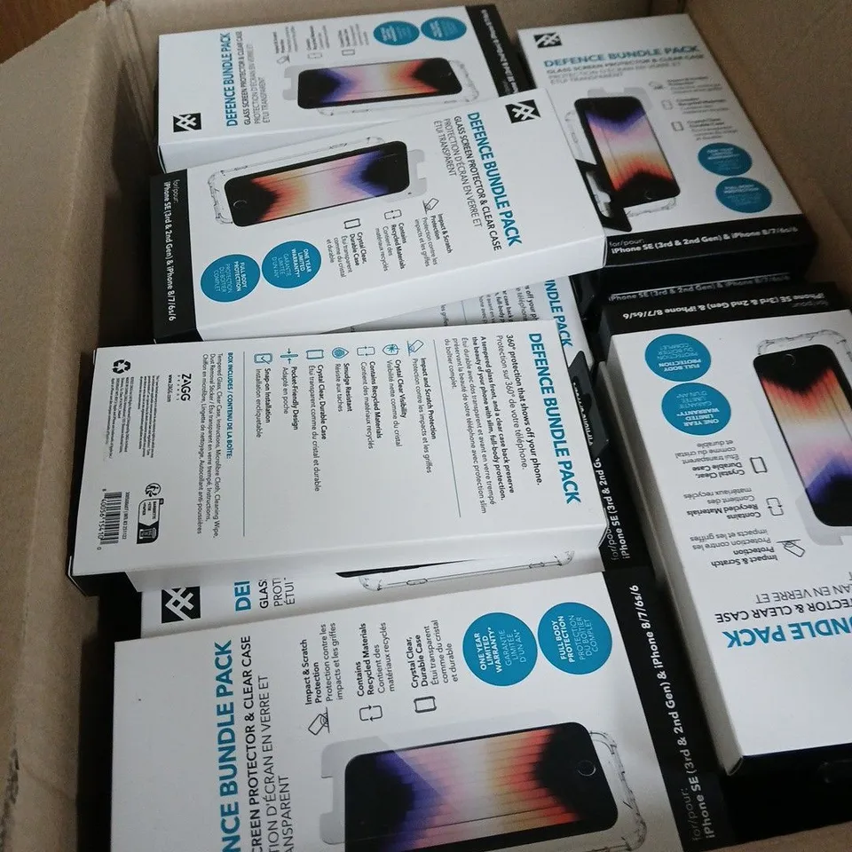 BOX OF APPROXIMATELY 100 DEFENCE BUNDLE PACK – GLASS SCREEN PROTECTOR & CLEAR CASE FOR IPHONE SE (3RD/2ND GEN) AND IPHONE 8/7/6S/6