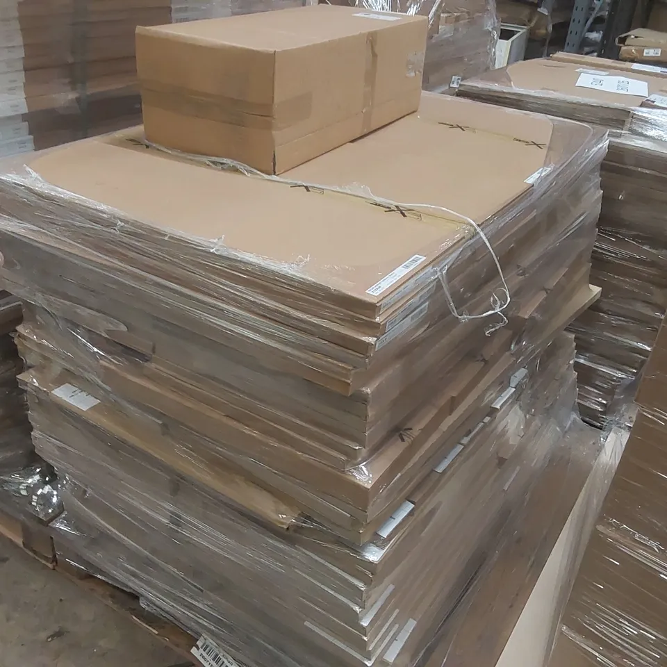 PALLET CONTAINING A LARGE QUANTITY OF ASSORTED BATHROOM FURNITURE PARTS INCLUDING: BASE UNIT, PENTLAND LAGOON MIST FRAMED MIRRORS ECT