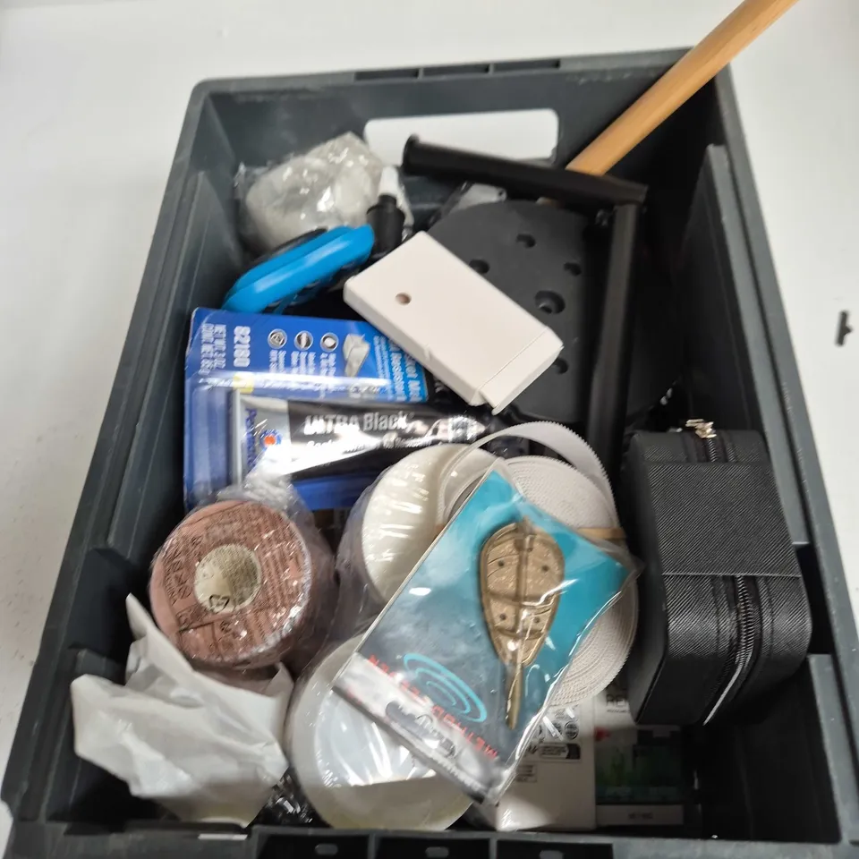TOTE OF APPROXIMATELY 15 ASSORTED ITEMS TO INCLUDE: TIRE TREAD CHECKER 