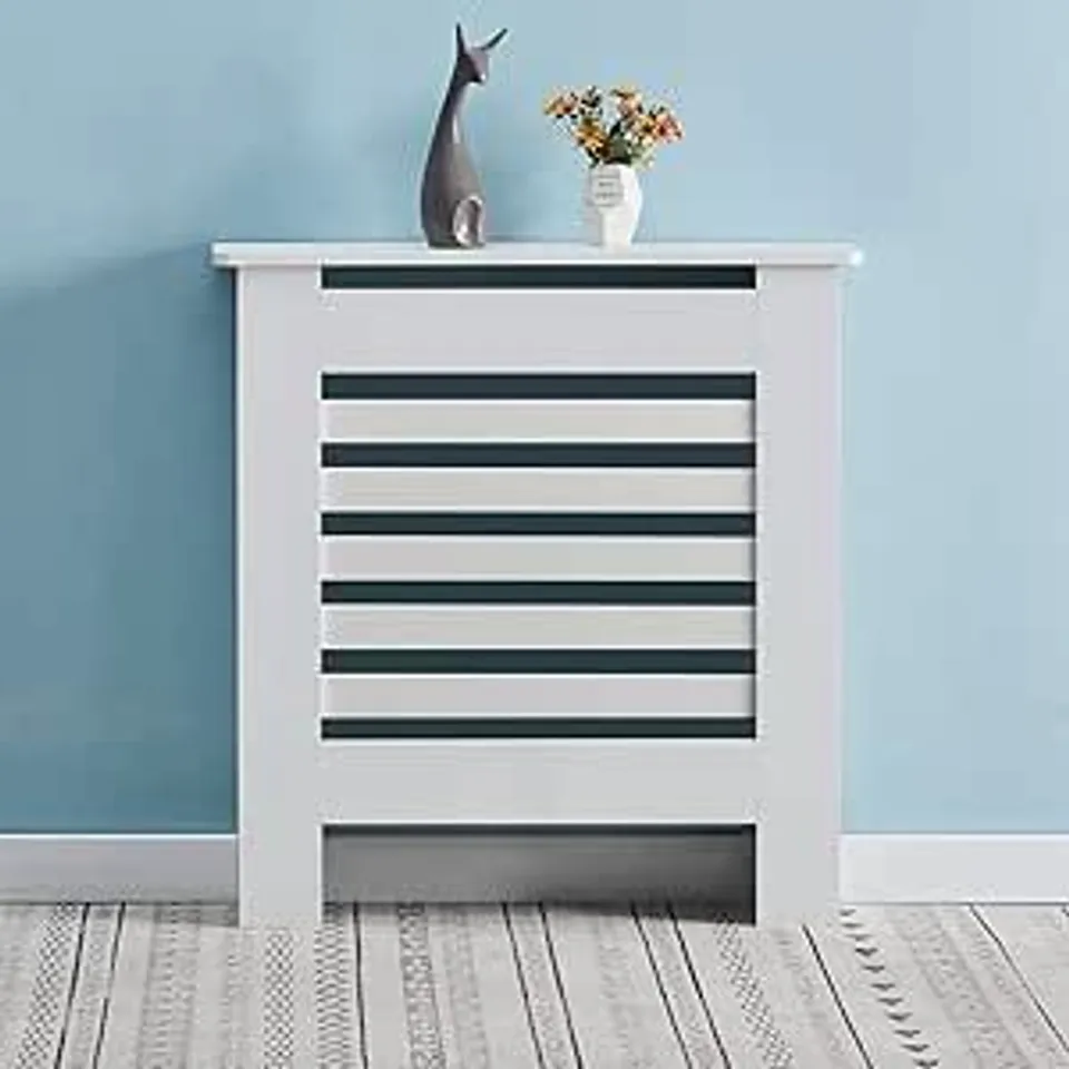 BOXED SMALL WHITE RADIATOR COVER HORIZONTAL SLATED HEATING CABINET