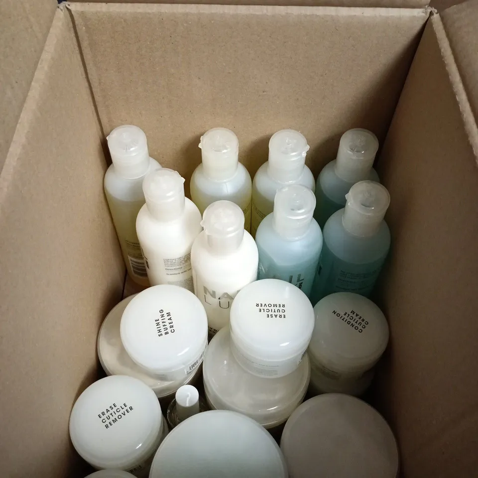 BOX OF APPROXIMATELY 20 ASSORTED COSMETIC ITEMS INCLUDING NAIL LUX BUFFERING CREAM , NAIL LUX FOOT CREAM AND NAIL LUX HAND GEL 