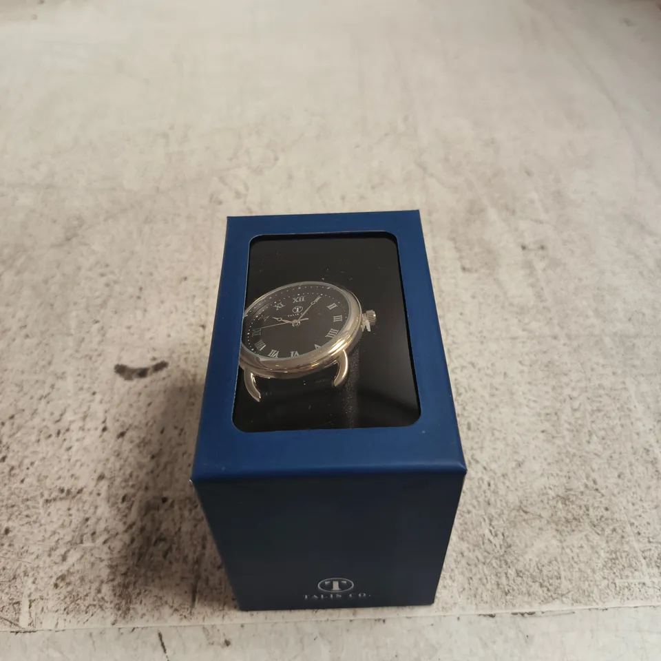 TALIS CO. WRISTWATCH - BLACK DIAL, ROMAN NUMERALS, LEATHER STRAP, IN BLUE DISPLAY BOX
