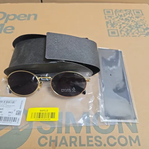 PRADA MILANO GOLD TONE OVAL SUNGLASSES WITH BLACK LENSES