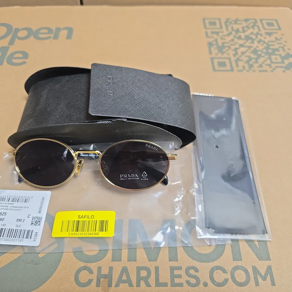 PRADA MILANO GOLD TONE OVAL SUNGLASSES WITH BLACK LENSES