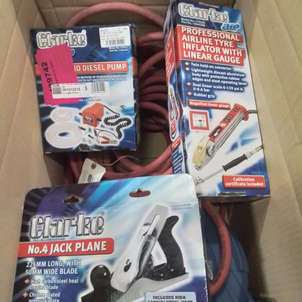 BOX OF MIXED TOOLS TO INCLUDE: 9M AIR HOSE REEL, OIL AND DIESEL PUMP, TYRE INFLATOR ETC.