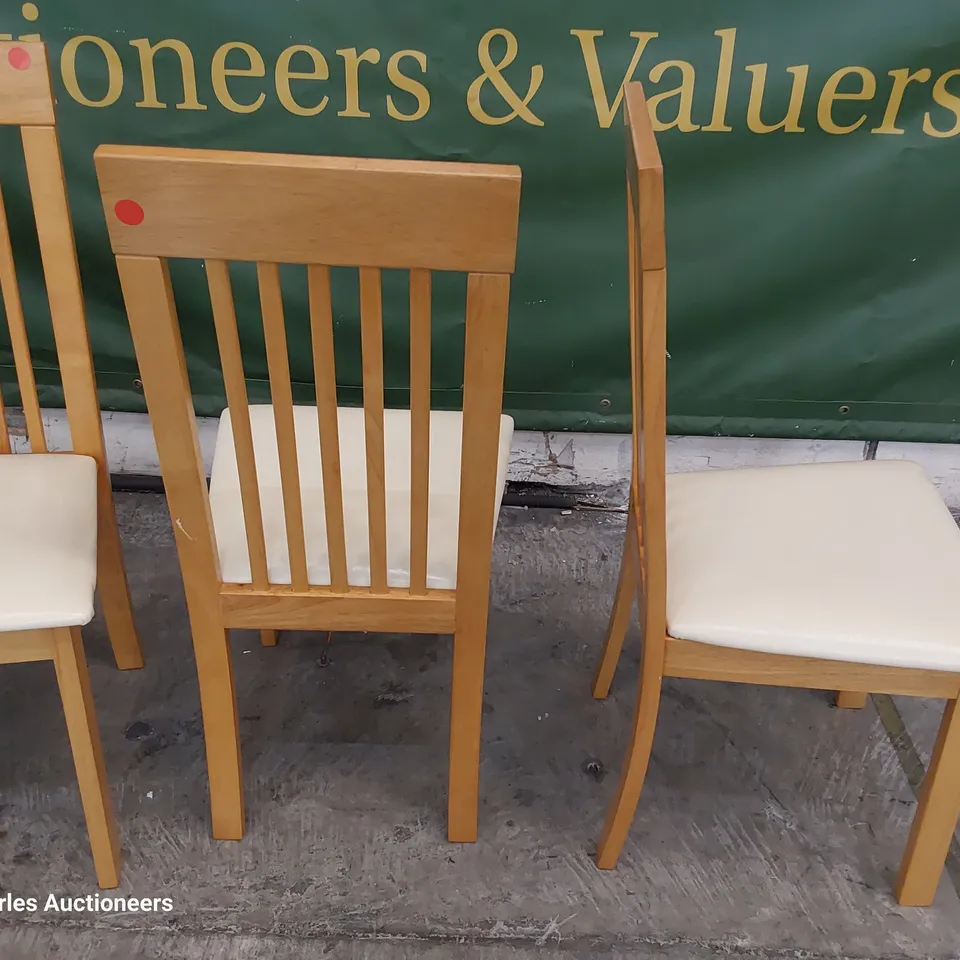 SET OF FOUR SLAT BACK DINING CHAIRS NATURAL WOOD/ CREAM PU