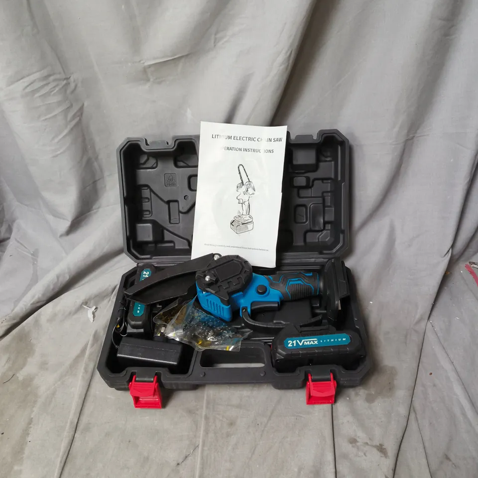 CORDLESS LITHIUM ELECTRIC CHAINSAW – 21V MAX, BLUE/BLACK IN CASE