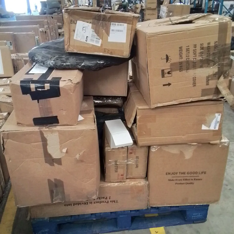 PALLET CONTAINING VARIOUS INCOMPLETE BOXED FURNITURE PARTS AND OTHER HOUSEHOLD ITEMS ETC.