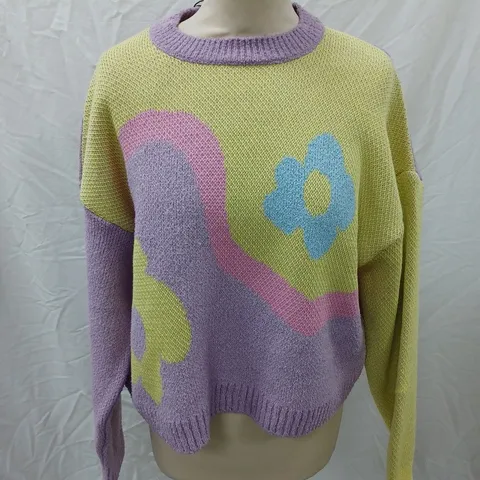 ZARA GROOVY FLOWER JUMPER, LILAC/YELLOW - SIZE M