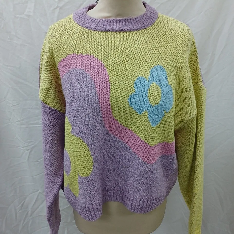 ZARA GROOVY FLOWER JUMPER, LILAC/YELLOW - SIZE M