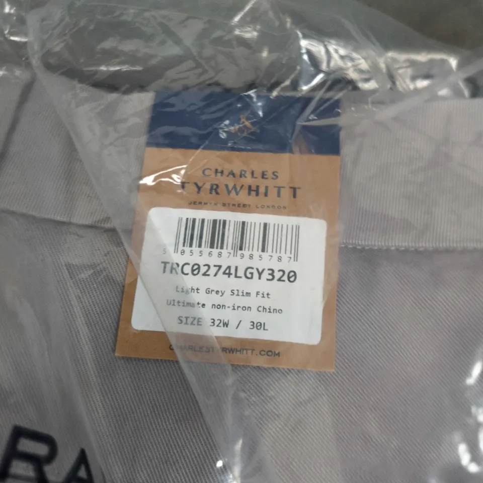 CHARLES TYRWHITT LIGHT GREY SLIM FIT CHINOS – 32W X 30L – NON-IRON