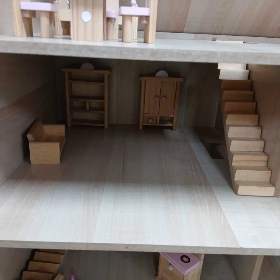VINTAGE WOODEN DOLL'S HOUSE WITH MINIATURE FURNITURE – PINK EXTERIOR, 3-STOREY