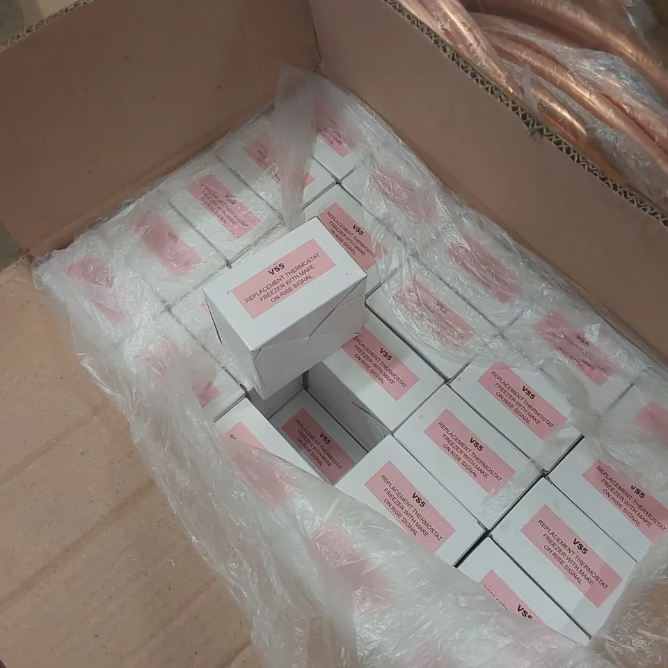 PALLET CONTAINING A LARGE QUANTITY OF ASSORTED CATERING EQUIPMENT SPARES INCLUDING: COPPER PIPE, REPLACEMENT THERMOSTATS FOR FRIDGES AND FREEZERS, CHARGING HOSES ECT