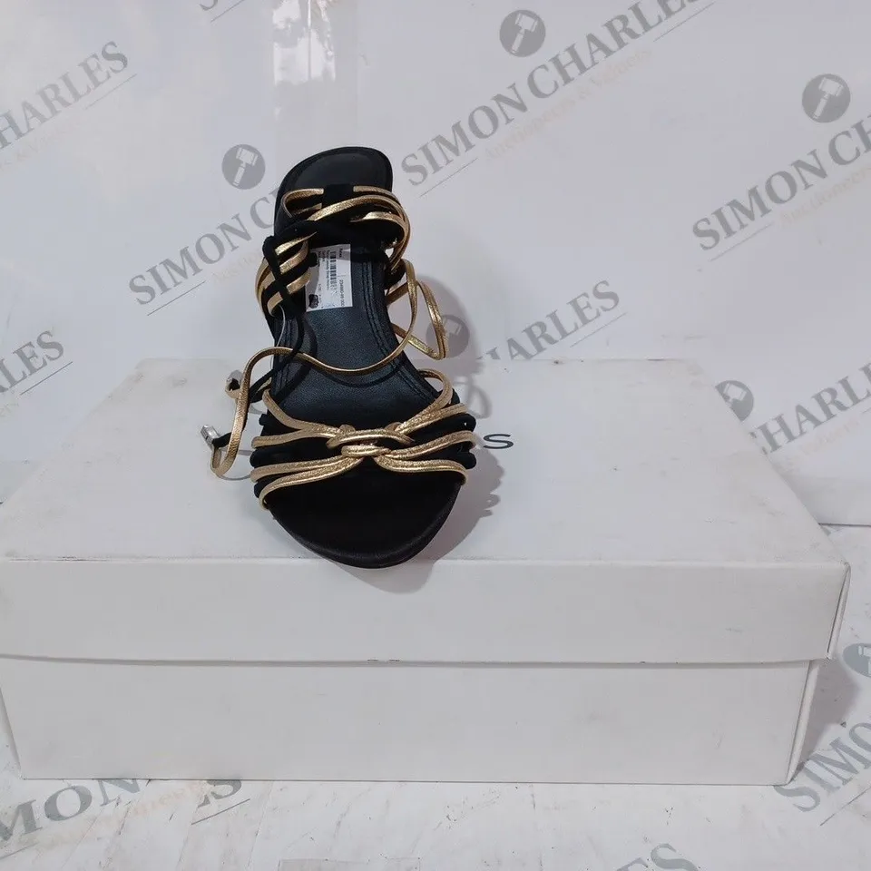 BOXED PAIR OF REISS CASSIDY STRAPPY HEELS IN BLACK/GOLD UK SIZE 4