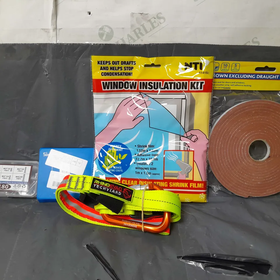 BOX OF APPROXIMATELY 14 ASSORTED ITEMS TO INCLUDE - MARKSMAN BROWN EXCLUDING DRAUGHT TAPE 5M X10MM , WINDOW INSULATION KIT , RHINO EVAD RECHYIARD ETC