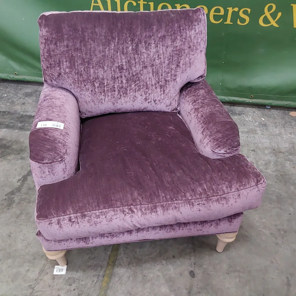 QUALITY BRITISH DESIGNER LOUNGE Co. EASY CHAIR AUBERGINE CRUSHED VELVET 