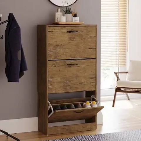 BOXED VIDA DESIGN 3 DRAWER SHOE CABINET - ANTIQUE BROWN