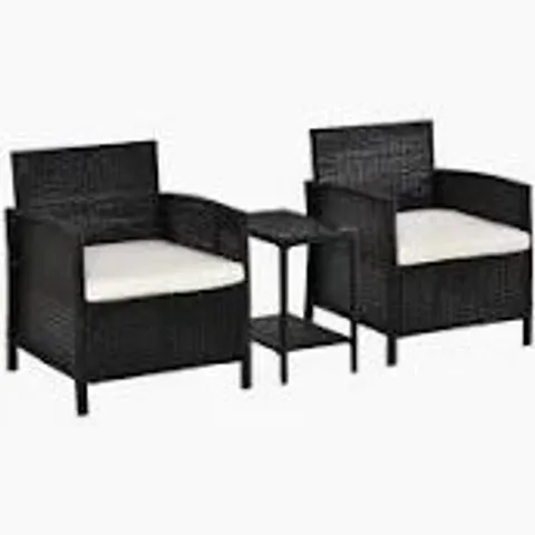 BOXED OUTSUNNY 3 PIECES RATTAN BISTRO SET, WICKER GARDEN FURNITURE SET WITH 2-TIER COFFEE TABLE AND CHAIRS, CUSHIONS, FOR OUTDOOR PATIO BALCONY, BLACK