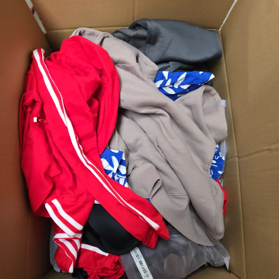 LARGE BOX OF ASSORTED CLOTHING ITEMS IN VARIOUS SIZES, STYLES AND COLOUR 