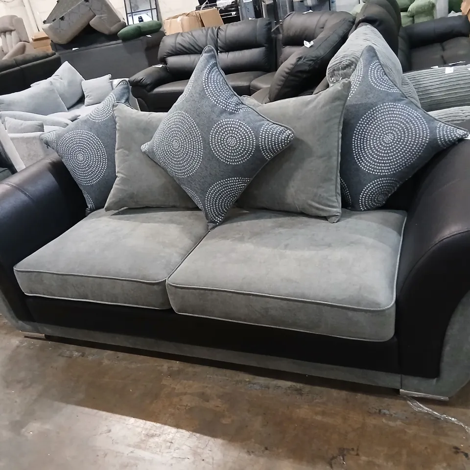 DANUBE BLACK AND GREY DABRIC THREE SEATER SOFA WITH SCATTER CUSHIONS