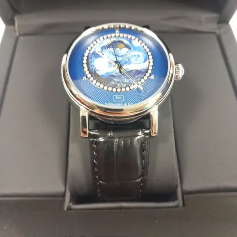 MENS ZIHLMANN & CO AUTOMATIC WATCH β Z150 β MOONPHASE DIAL β GLASS EXHIBITION BACKCASE - SILVER COLOUR CASE β BLACK LEATHER STRAP