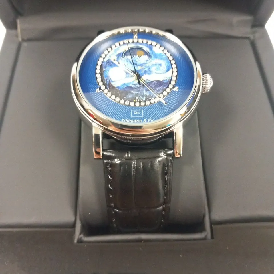 MENS ZIHLMANN & CO AUTOMATIC WATCH – Z150 – MOONPHASE DIAL – GLASS EXHIBITION BACKCASE - SILVER COLOUR CASE – BLACK LEATHER STRAP