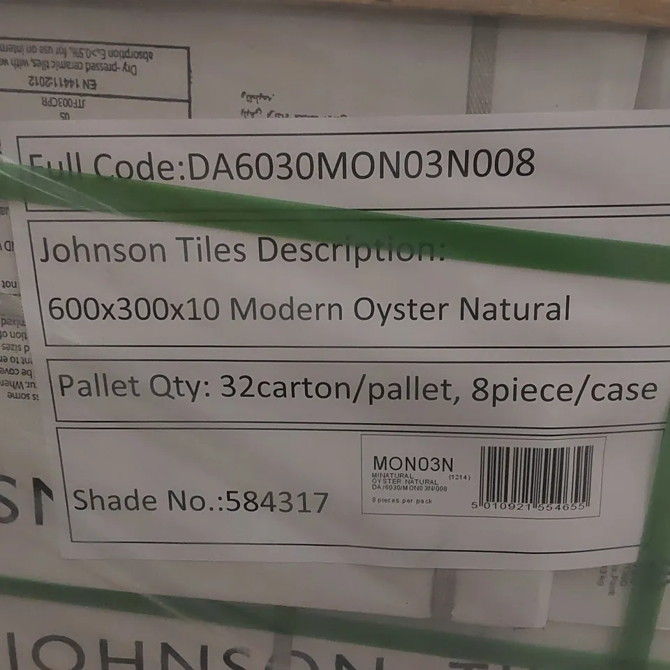 PALLET TO CONTAIN APPROX 32 X PACKS OF JOHNSON TILES MODERN OYSTER NATURAL PORCELAIN FLOOR & WALL TILES - 8 TILES PER PACK // TILE SIZE: 600 x 300 x 10mm