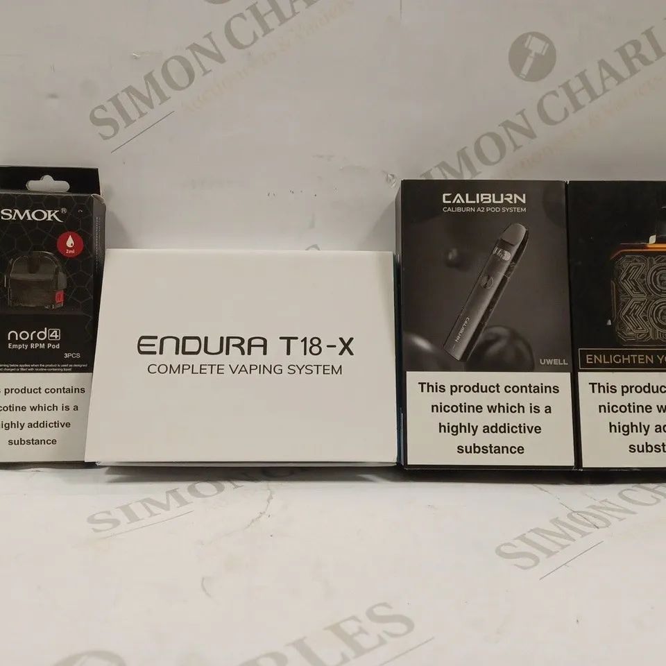 BOX OF APPROX 14 ASSORTED E-CIGARETTES TO INCLUDE -SMOKE NORD 4 POD - UWELL CALIBURN A2 POD SYSTEM - ENDURA T18-X VAPING SYSTEM ECT
