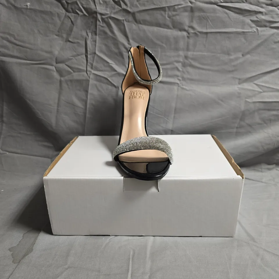 BOXED PAIR OF WHERE'S THAT FROM OPEN TOE STILETTO HEEL SANDALS IN BLACK W. DIAMANTE EFFECT SIZE EU SIZE 39