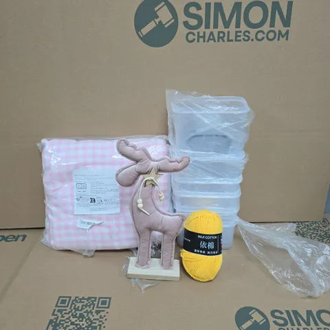 BOX OF APPROXIMATELY 15 ASSORTED HOUSEHOLD ITEMS TO INCLUDE PLASTIC STORAGE POTS WITH LIDS, KNITTING YARN AND A DECORATIVE PINK REINDEER