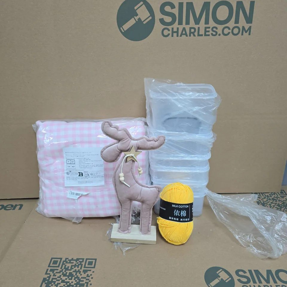BOX OF APPROXIMATELY 15 ASSORTED HOUSEHOLD ITEMS TO INCLUDE PLASTIC STORAGE POTS WITH LIDS, KNITTING YARN AND A DECORATIVE PINK REINDEER