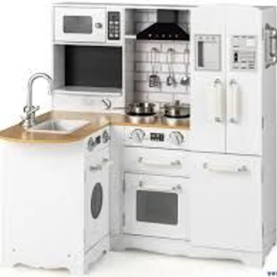 BOXED COSTWAY KID'S CORNER KITCHEN WOODEN PLAYSET WITH STOVE RANGE HOOD CUTE TELEPHONE - WHITE