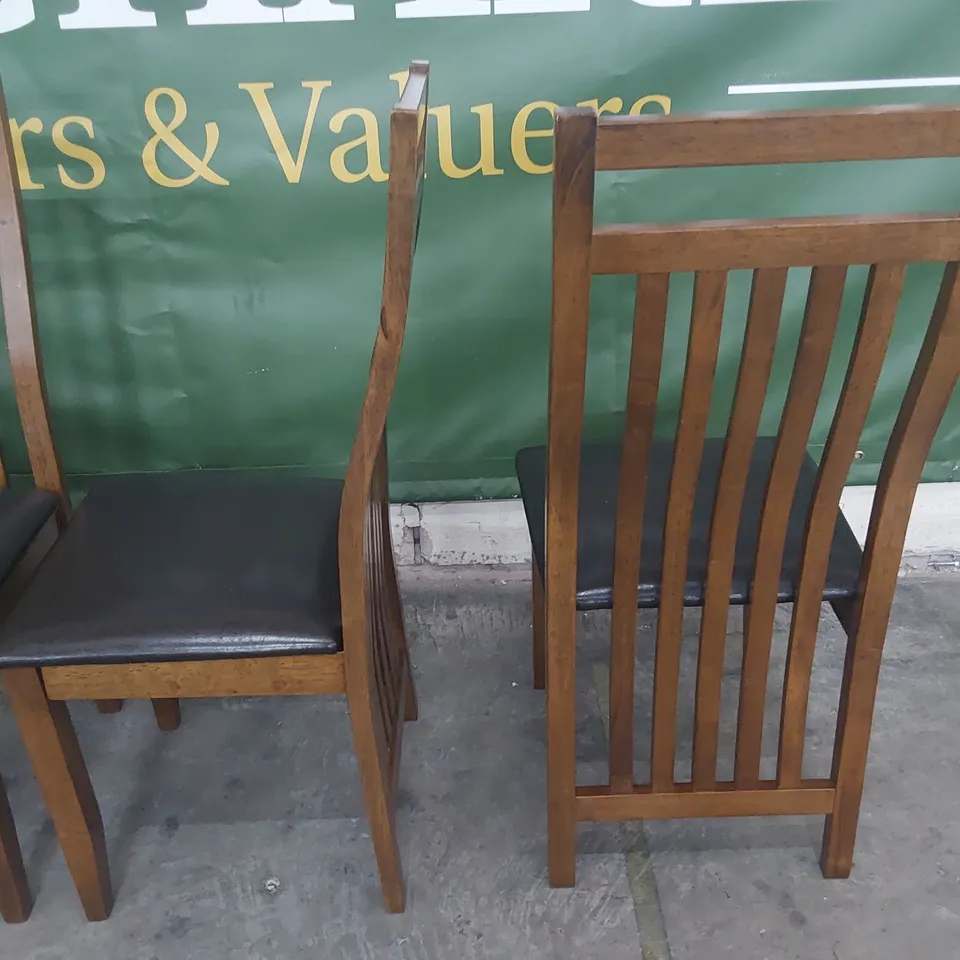 SET OF FOUR DARK WOOD SLAT BACK DINING CHAIRS BROWN PU SEATS