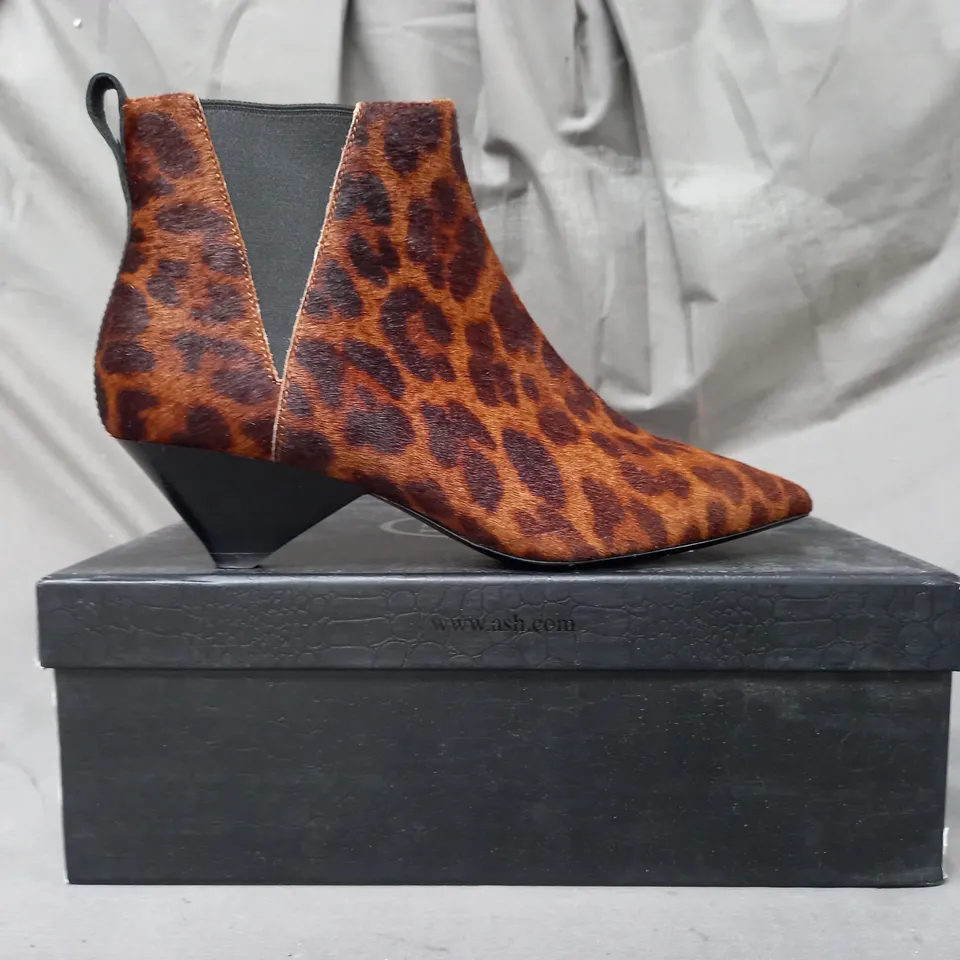 BOXED PAIR OF ASH COSMOS ANKLE BOOTS IN BROWN ANIMAL PRINT EU SIZE 37