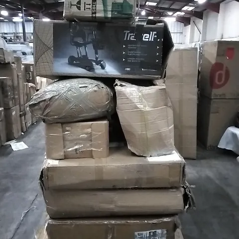 PALLET OF HOUSEHOLD ITEMS TO INCLUDE HOMCOM 6FT SNOW FLOCKED ARTIFICIAL CHRISTMAS TREE, HOMCOM 2 SEAT BIKE TRAILER WITH 5 POINT HARNESS, OUTSUNNY OUTSUNNY 3 X 6 M GARDEN POP UP GAZEBO ETC...