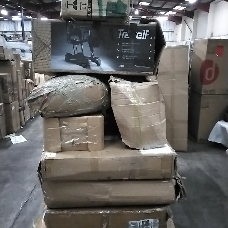 PALLET OF HOUSEHOLD ITEMS TO INCLUDE HOMCOM 6FT SNOW FLOCKED ARTIFICIAL CHRISTMAS TREE, HOMCOM 2 SEAT BIKE TRAILER WITH 5 POINT HARNESS, OUTSUNNY OUTSUNNY 3 X 6 M GARDEN POP UP GAZEBO ETC...