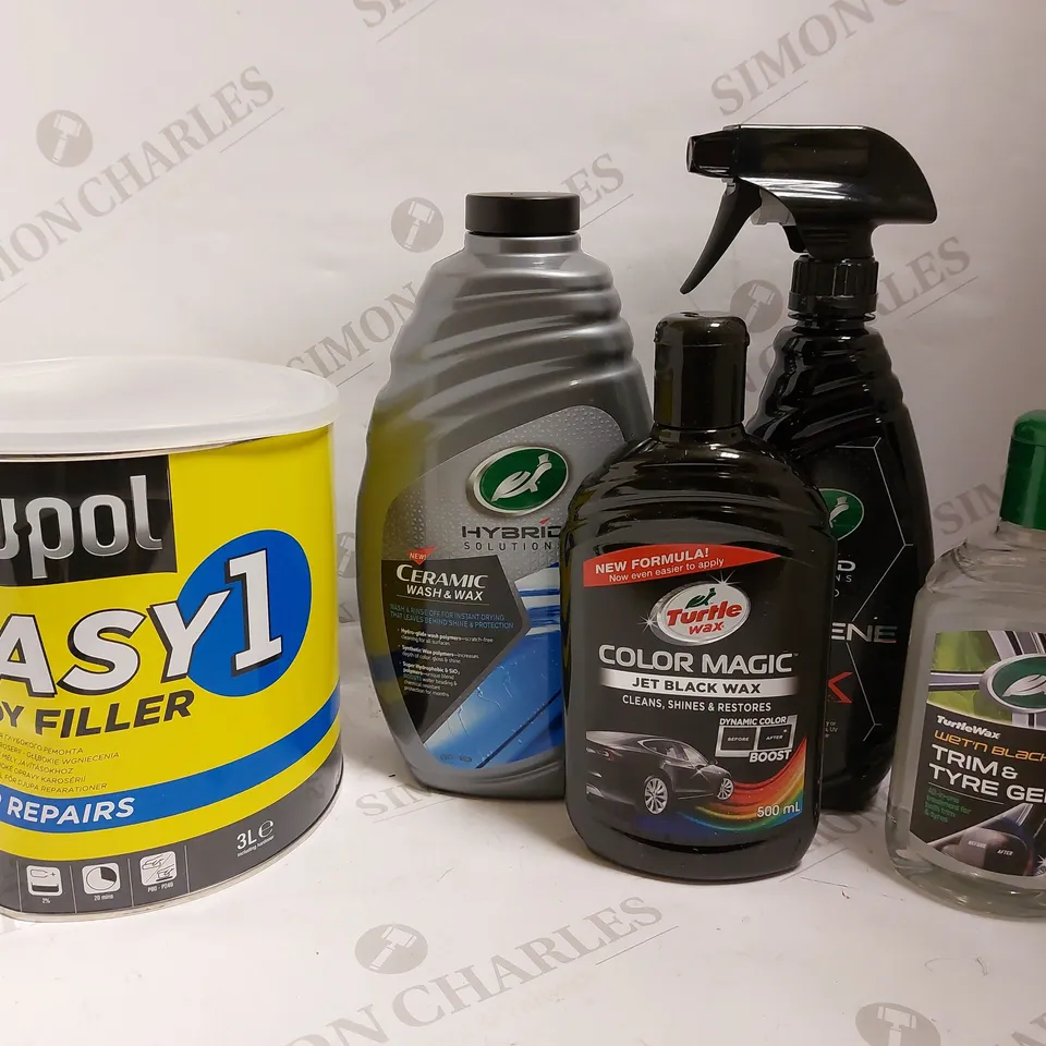 BOX OF APPROX 5 ITEMS TO INCLUDE UPOL EASY1 BODY FILLER, TURTLE WAX COLOUR MAGIC JET BLACK WAX AND HYBRID SOLUTIONS CERAMIC WAX AND WASH - COLLECTION ONLY