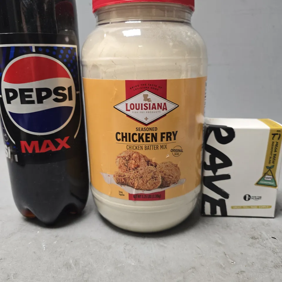 APPROXIMATELY 6 ASSORTED FOOD & DRINK ITEMS TO INCLUDE - PEPSI MAX , RAVE TEA , LOUISIANA CHICKEN FRY ETC